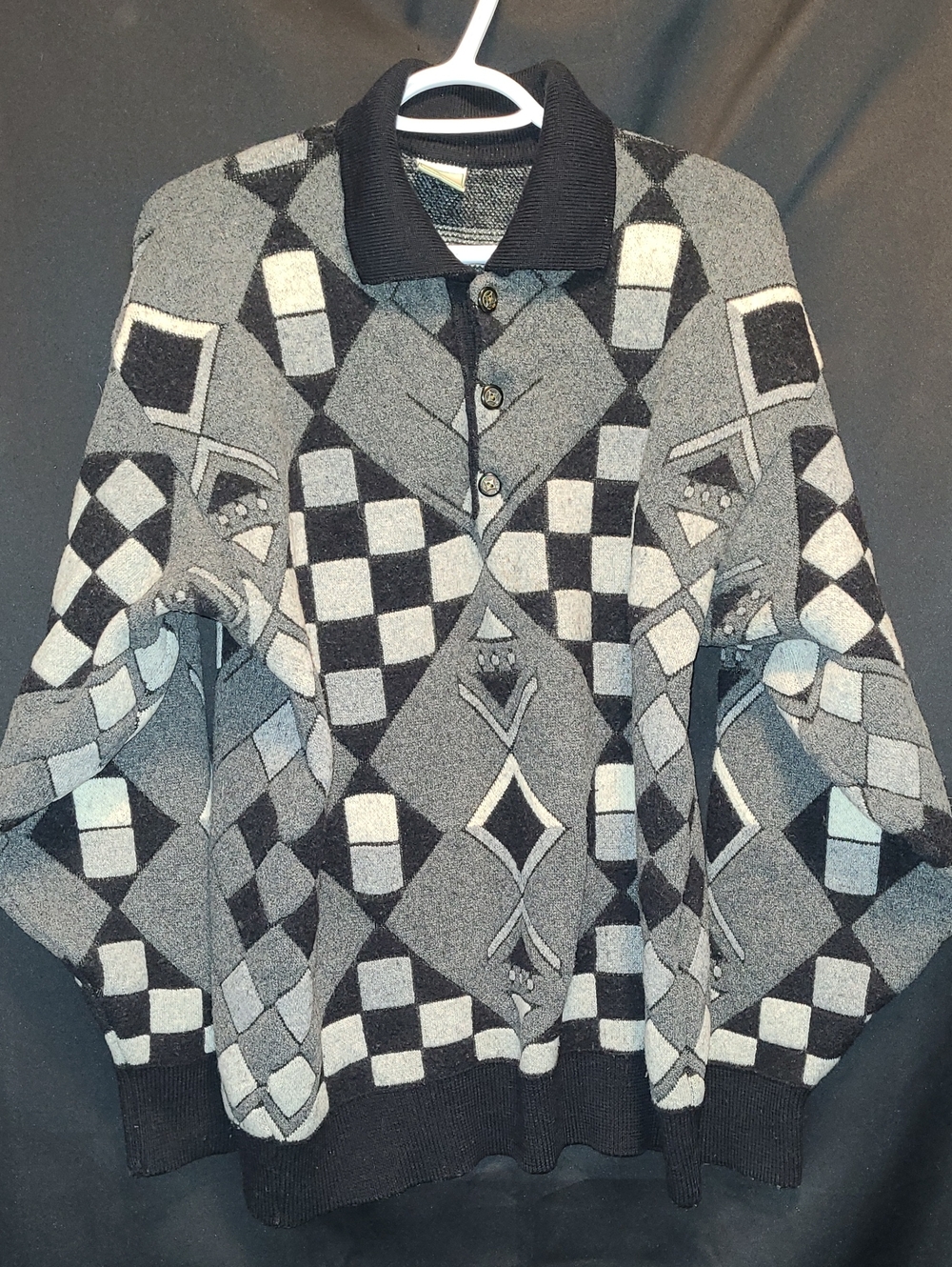 VINTAGE VANTEKS MADE IN FRANCE WOOL Men's Geo-Pattern Button Polo Sweater